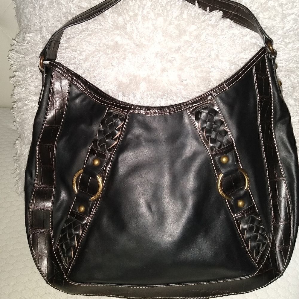 Tommy Hilfiger black leather sachel purse brass hardwear - Picture 6 of 10